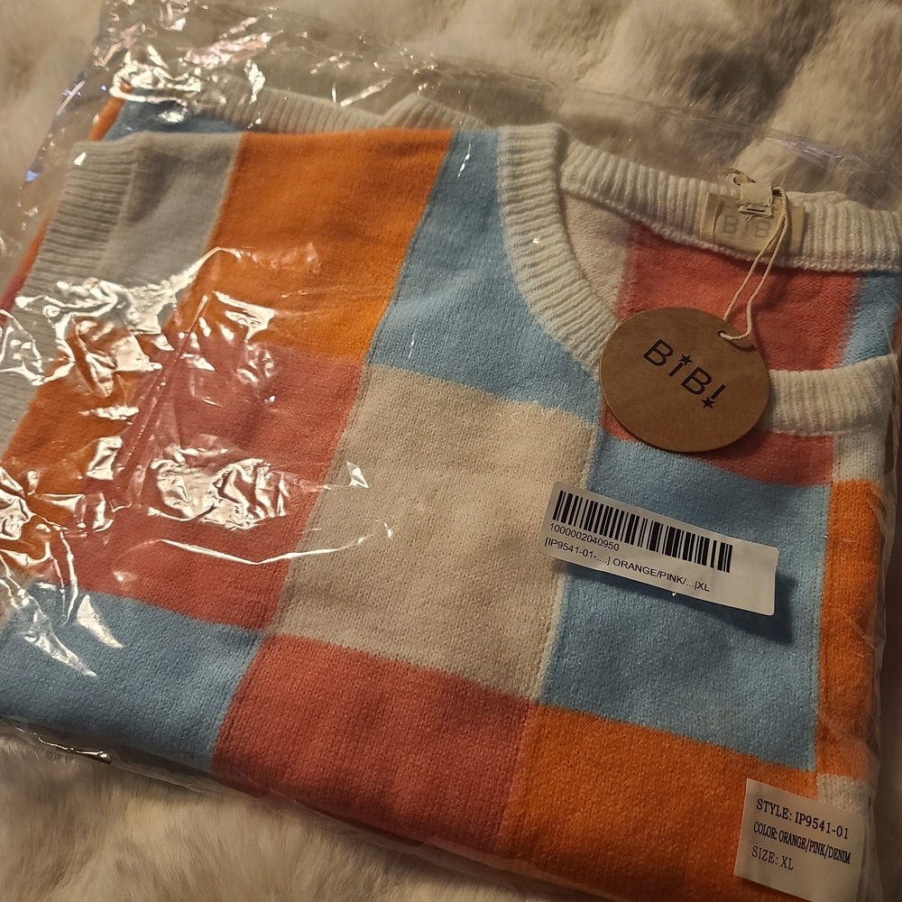 BiBi Colorful Checkered Sweater - Orange, Blue, Pink, White - Picture 4 of 5